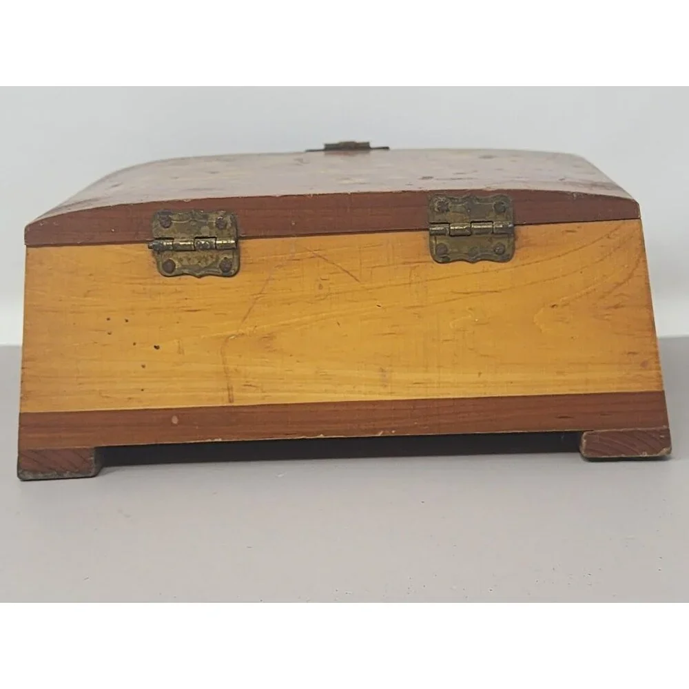 Vintage Small Cedar Wood Jewelry Keepsake Box Solid Wood Construction Stamped101
